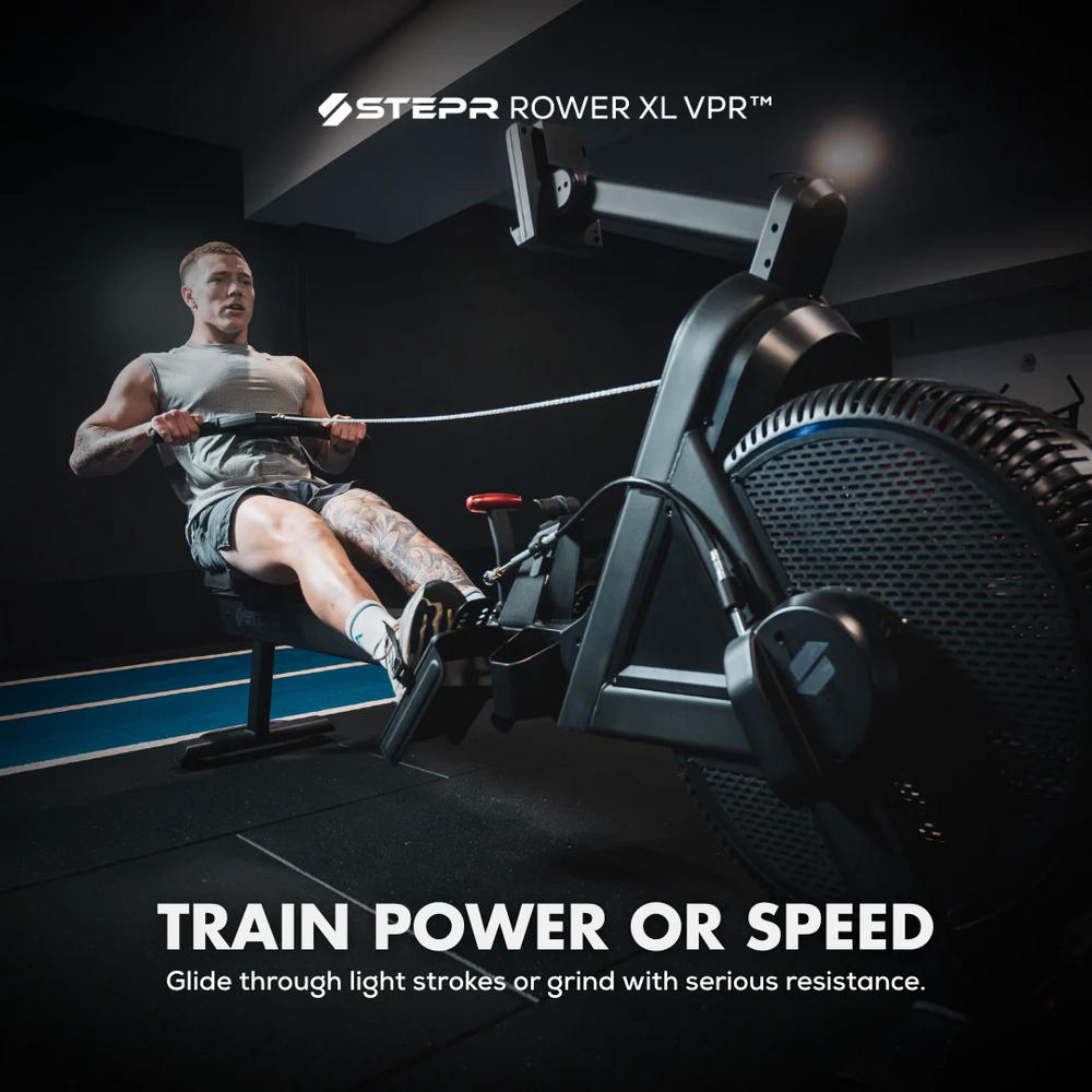 Person using a rowing machine with 'Stepp Rower XL VPR' branding, highlighting power or speed training.