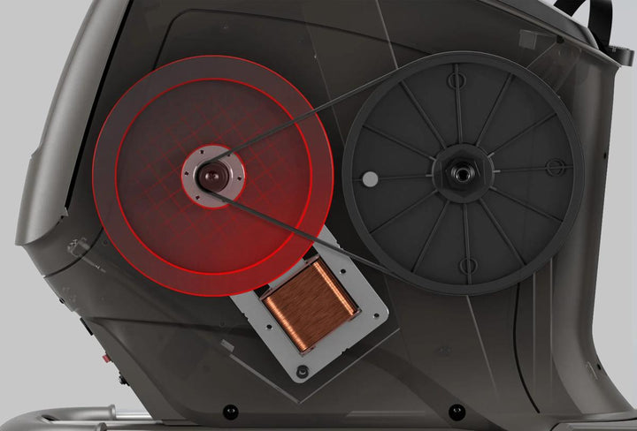 Close-up of a mechanical component with red and black elements on a gray background