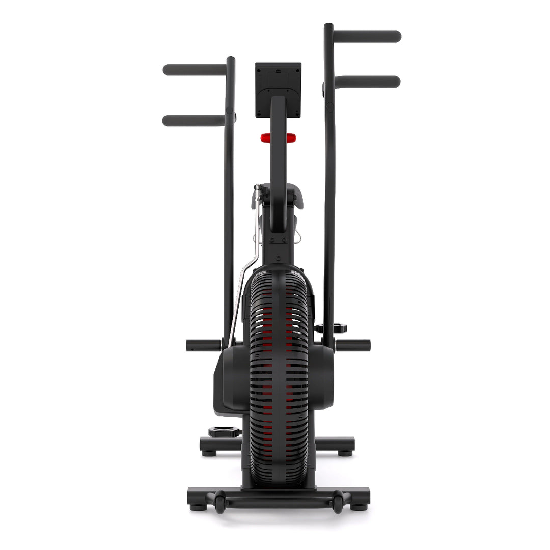 Black exercise bike with handlebars on a white background