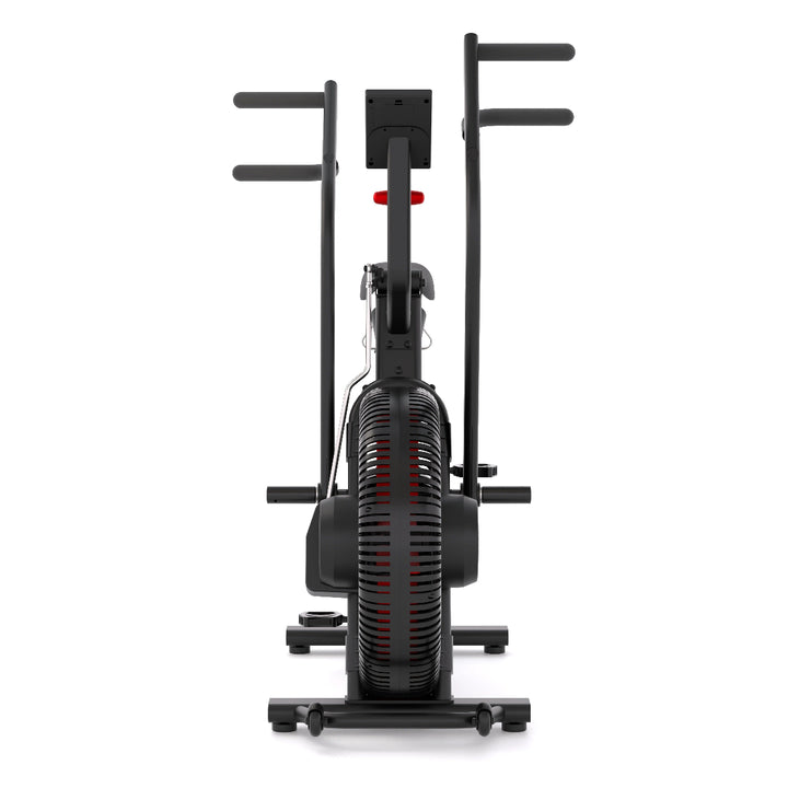 Black exercise bike with handlebars on a white background