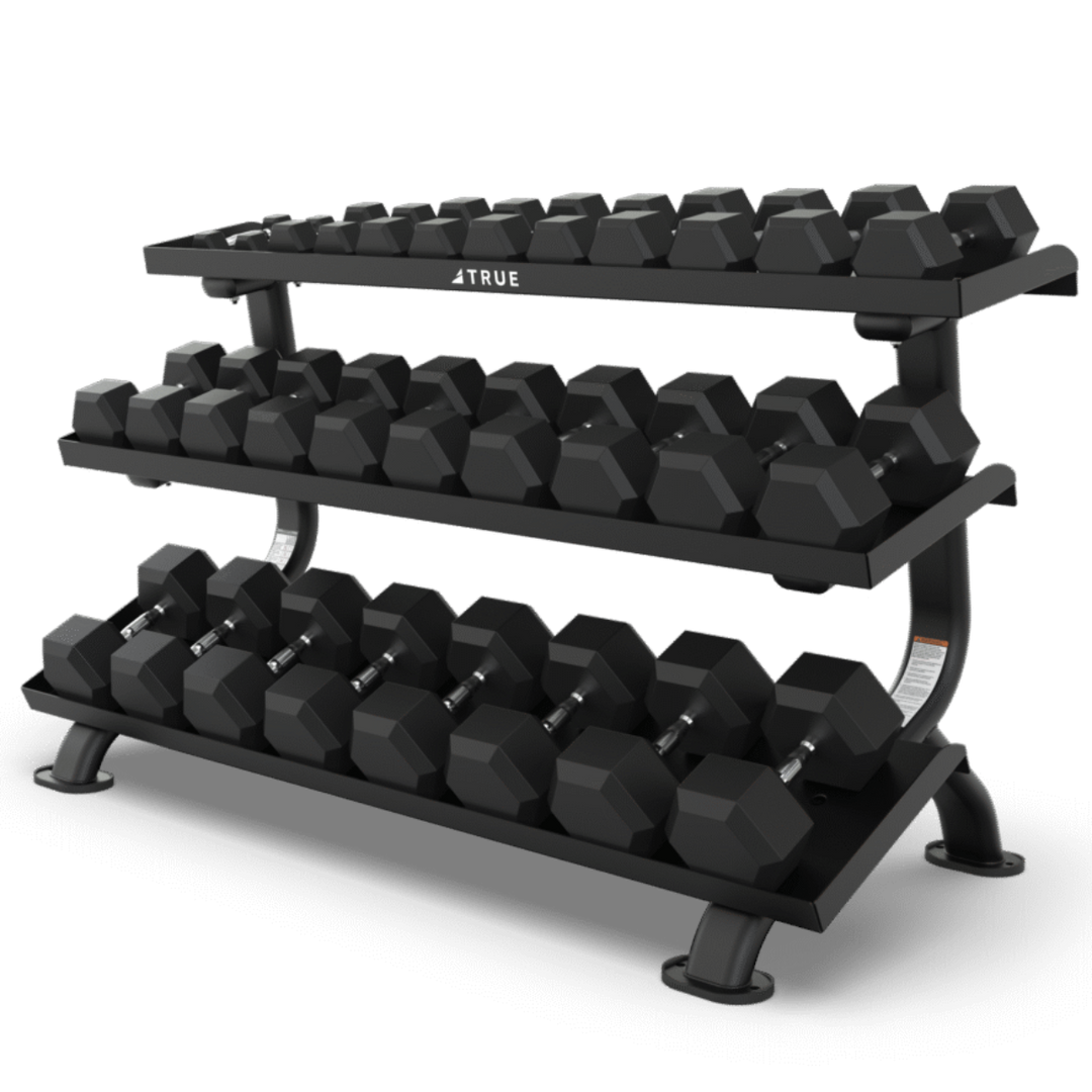 Black dumbbell rack with hexagonal dumbbells on a white background