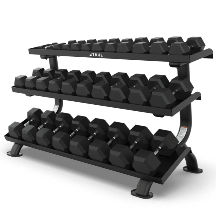 Black dumbbell rack with hexagonal dumbbells on a white background