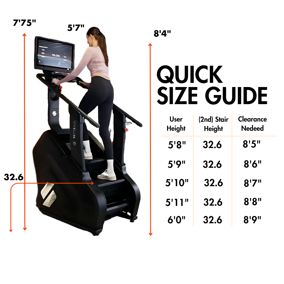 Stair climber machine with a quick size guide for user height and stair height.