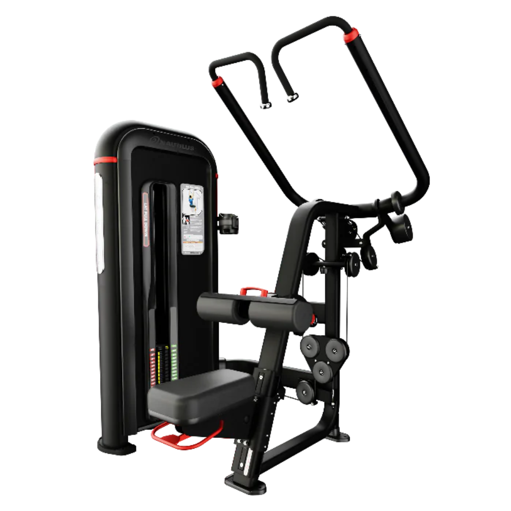 A black and red cable pulley chest exercise machine with a seat, adjustable backrest, and dual upright handles, shown on a plain white background.