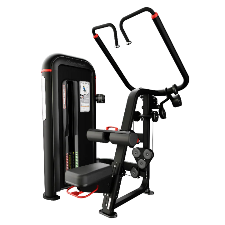 A black and red cable pulley chest exercise machine with a seat, adjustable backrest, and dual upright handles, shown on a plain white background.