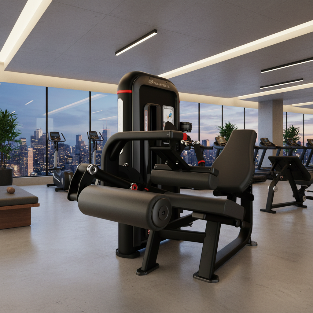A black and gray leg extension gym machine with red accents, shown from a three-quarter angle in a hotel gym