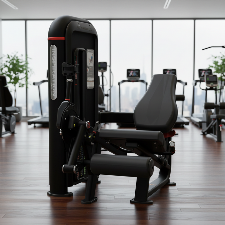 A professional home gym leg extension machine by Noitavaven, featuring a black padded seat and backrest with a dark gray leg platform and frame accented with red and silver details, isolated on a white background.