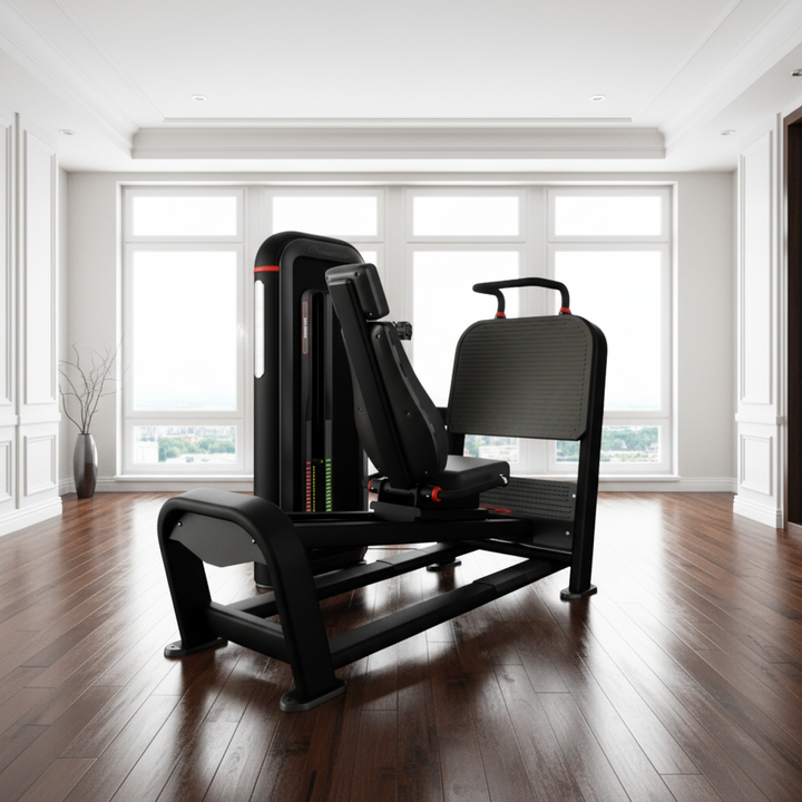 A black leg extension gym machine with a textured gray backrest and red adjustment accents, shown on a solid white background.