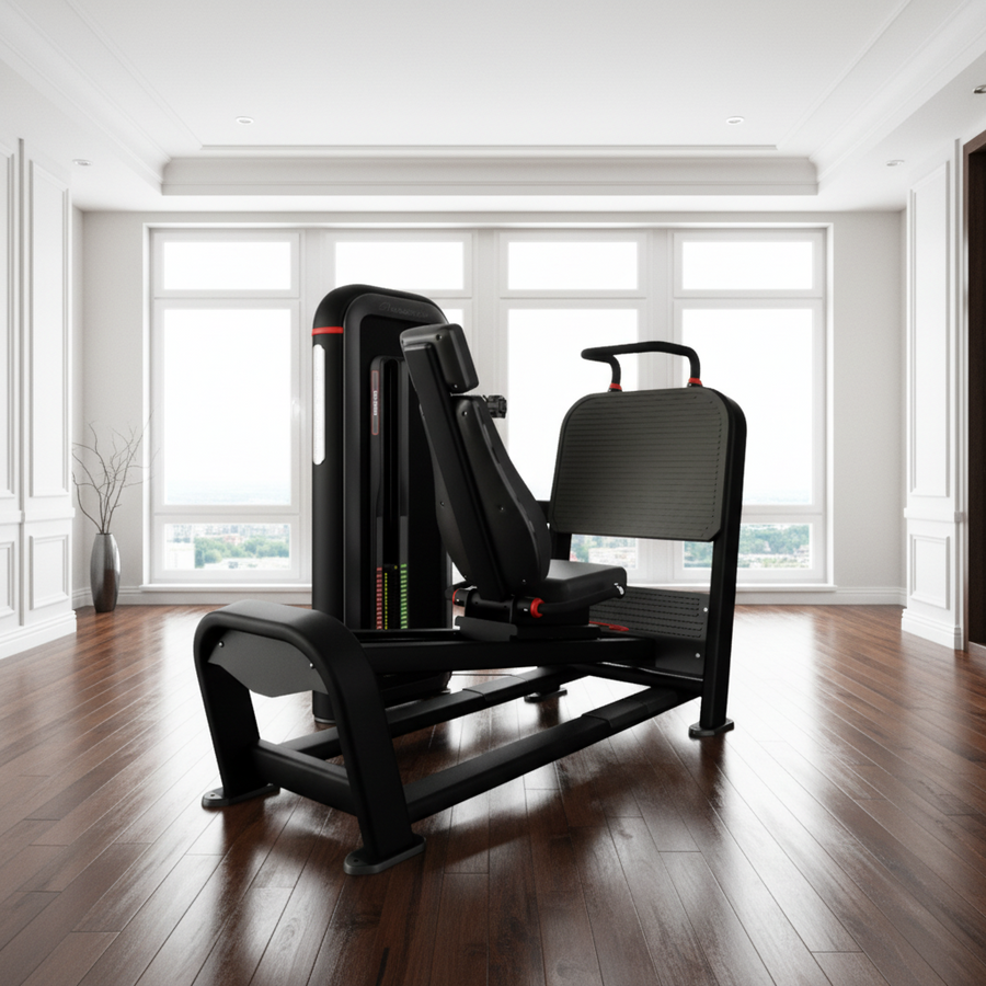 A black leg extension gym machine with a textured gray backrest and red adjustment accents, shown on a solid white background.