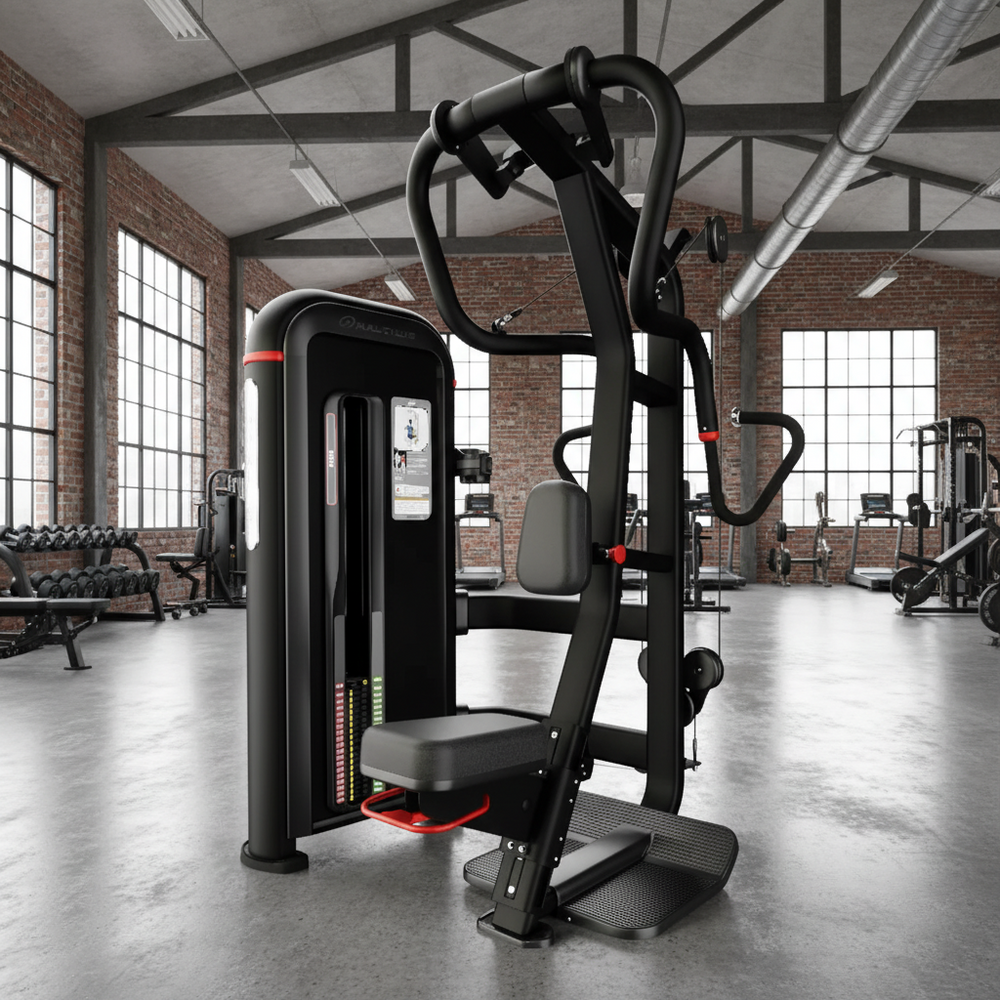 A black cable pulley exercise machine with a seat, backrest, foot platform, and adjustable handles, shown on a plain white background.