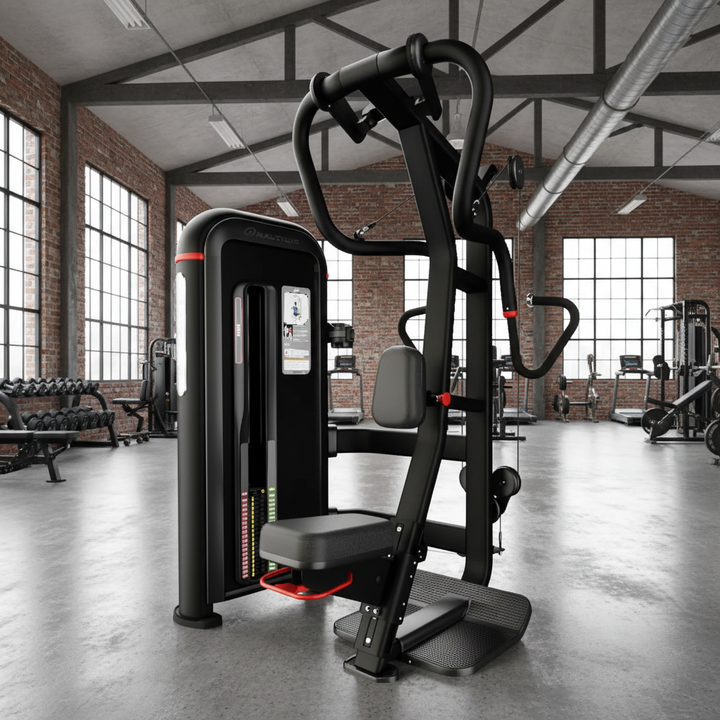 A black cable pulley exercise machine with a seat, backrest, foot platform, and adjustable handles, shown on a plain white background.