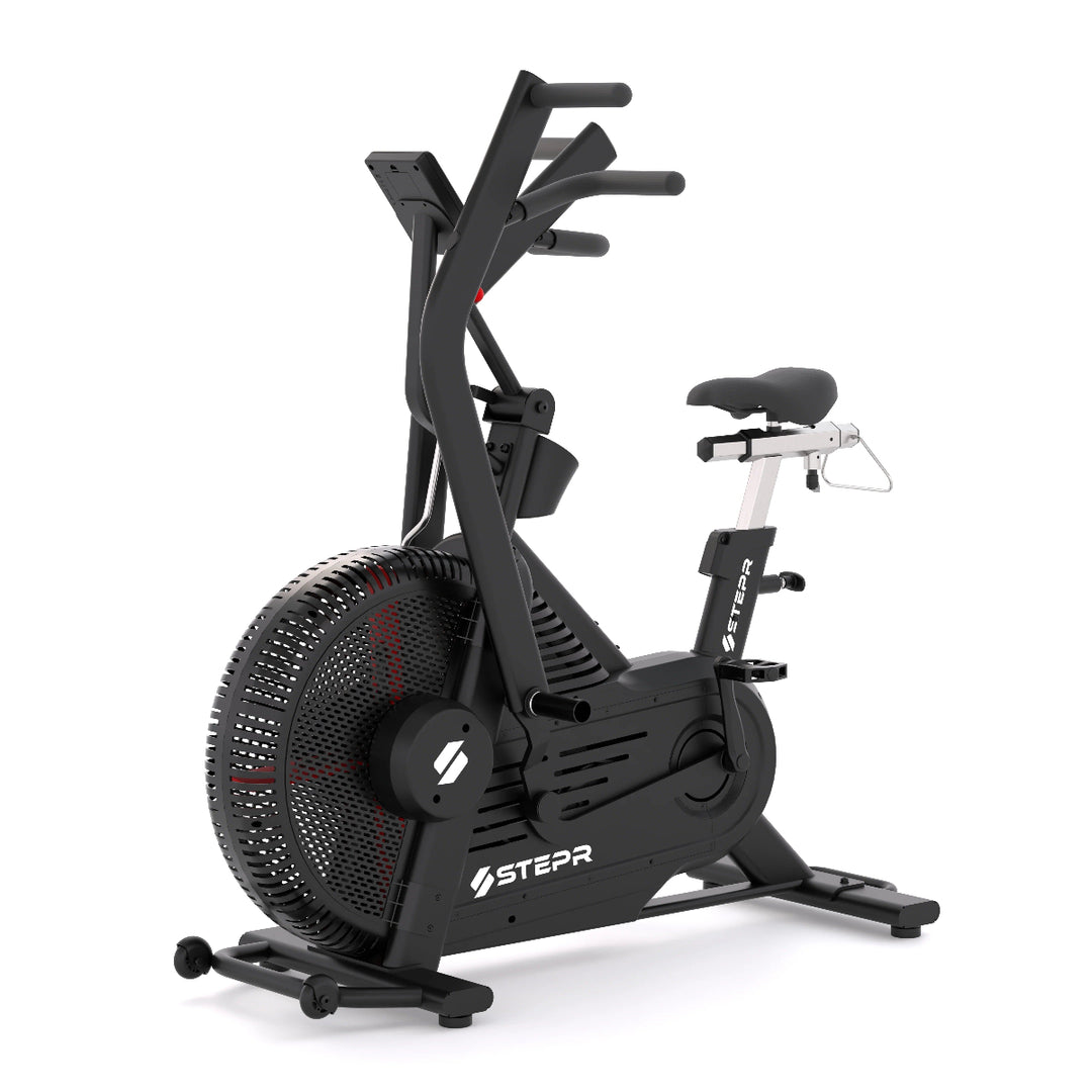 Black exercise bike with a large wheel on a white background