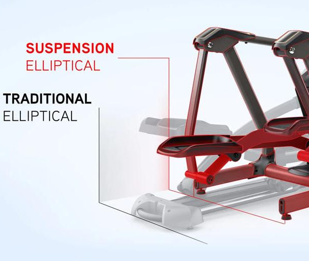 A 3D render of a red and black elliptical trainer with a transparent cutaway view showing internal components. Red text on the left reads &