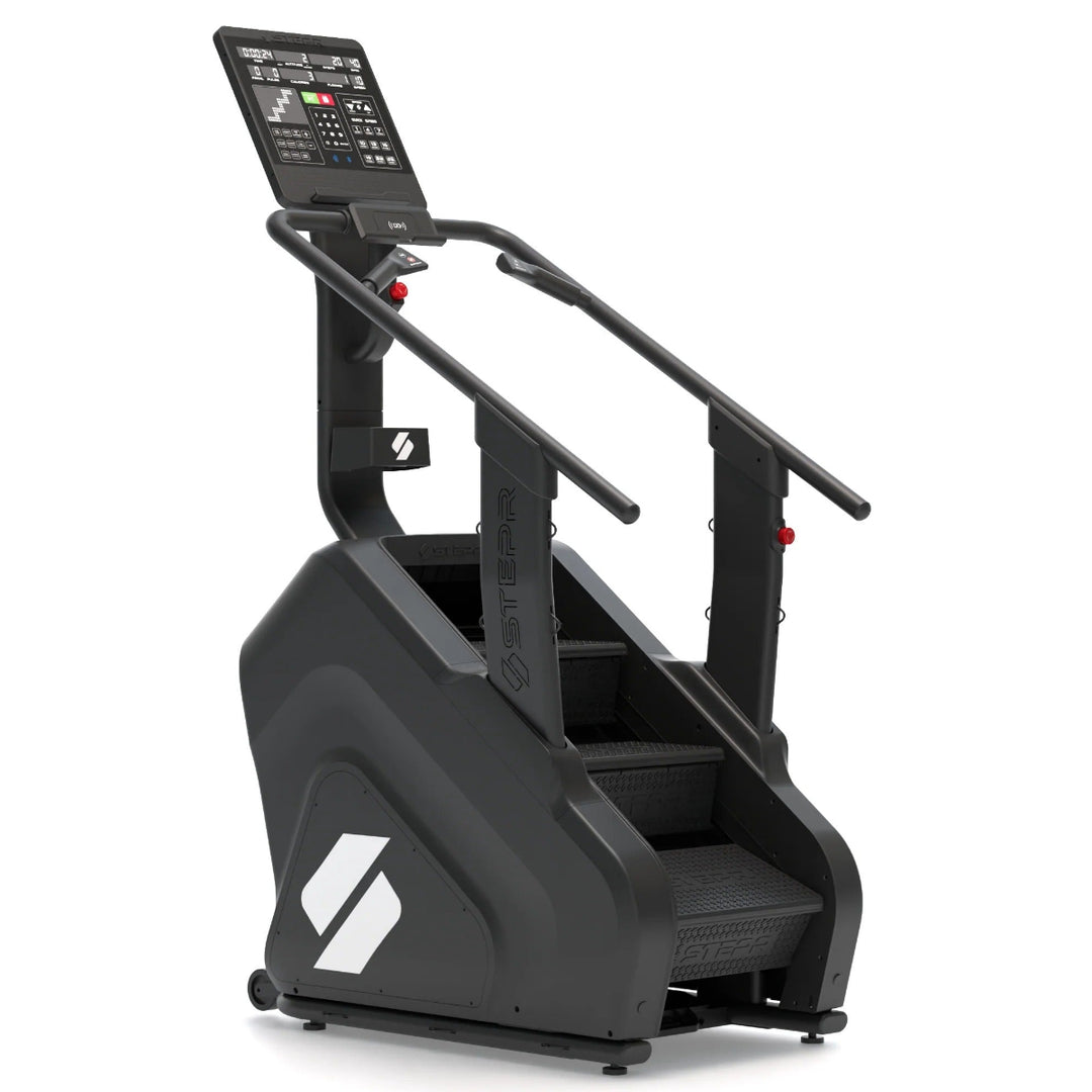 Black stair stepper machine with digital display on a white background