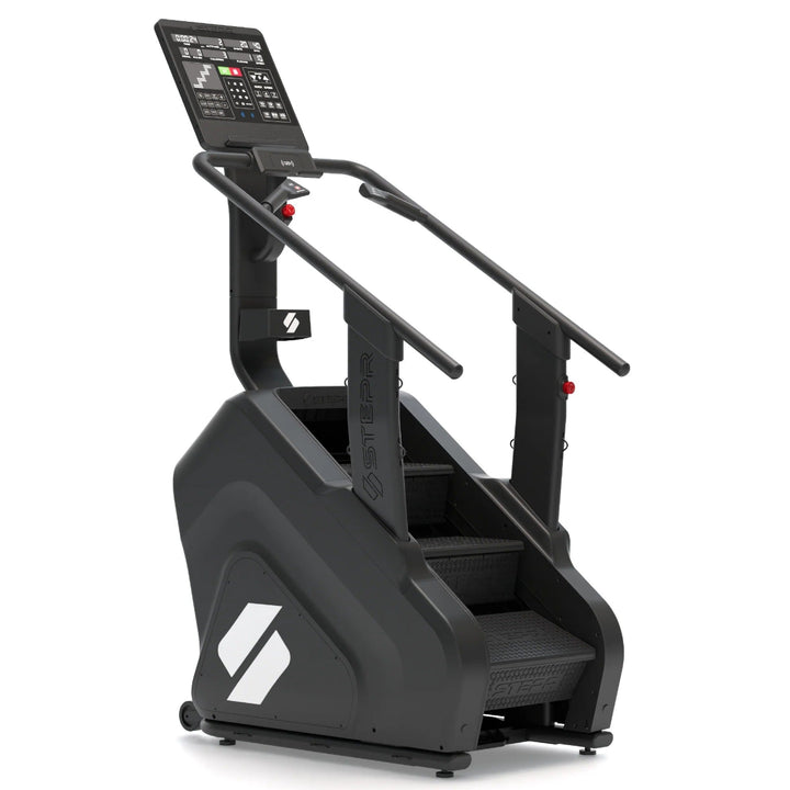 Black stair stepper machine with digital display on a white background