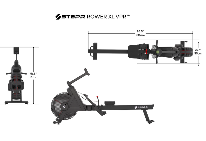 Technical drawing of a Stepr Rower XL VPR with dimensions on a white background