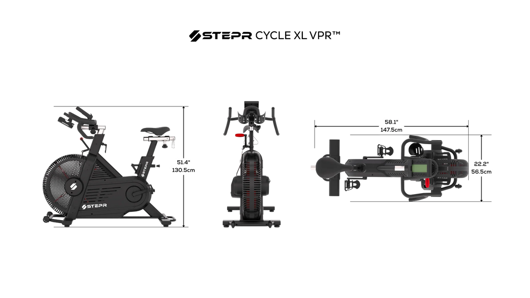 Stepr Cycle XL VPR indoor cycling bike with dimensions on a white background