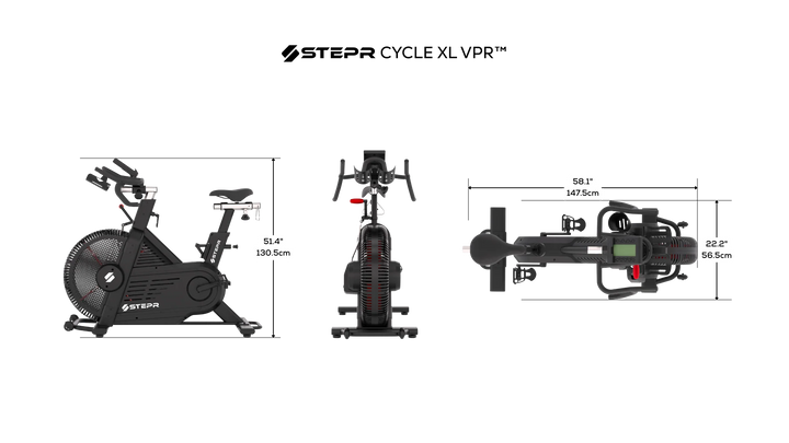 Stepr Cycle XL VPR indoor cycling bike with dimensions on a white background