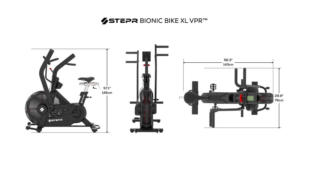 Technical drawing of the Stepr Bionic Bike XL VPR with dimensions on a white background