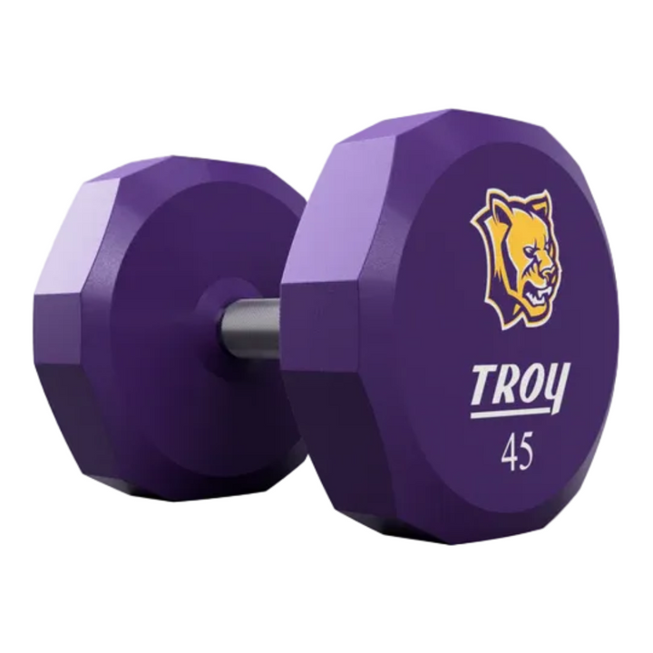 Purple dumbbell with a tiger logo and &