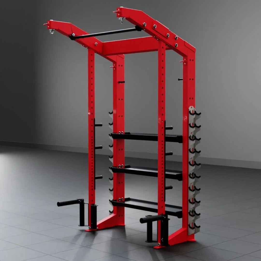 Red gym power rack in a gray room