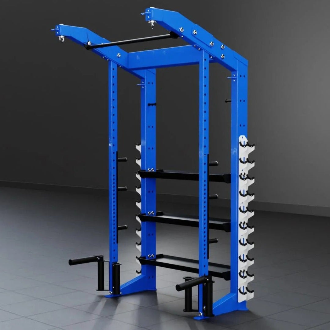 Blue fitness power rack with weight plates on a gray floor and wall.