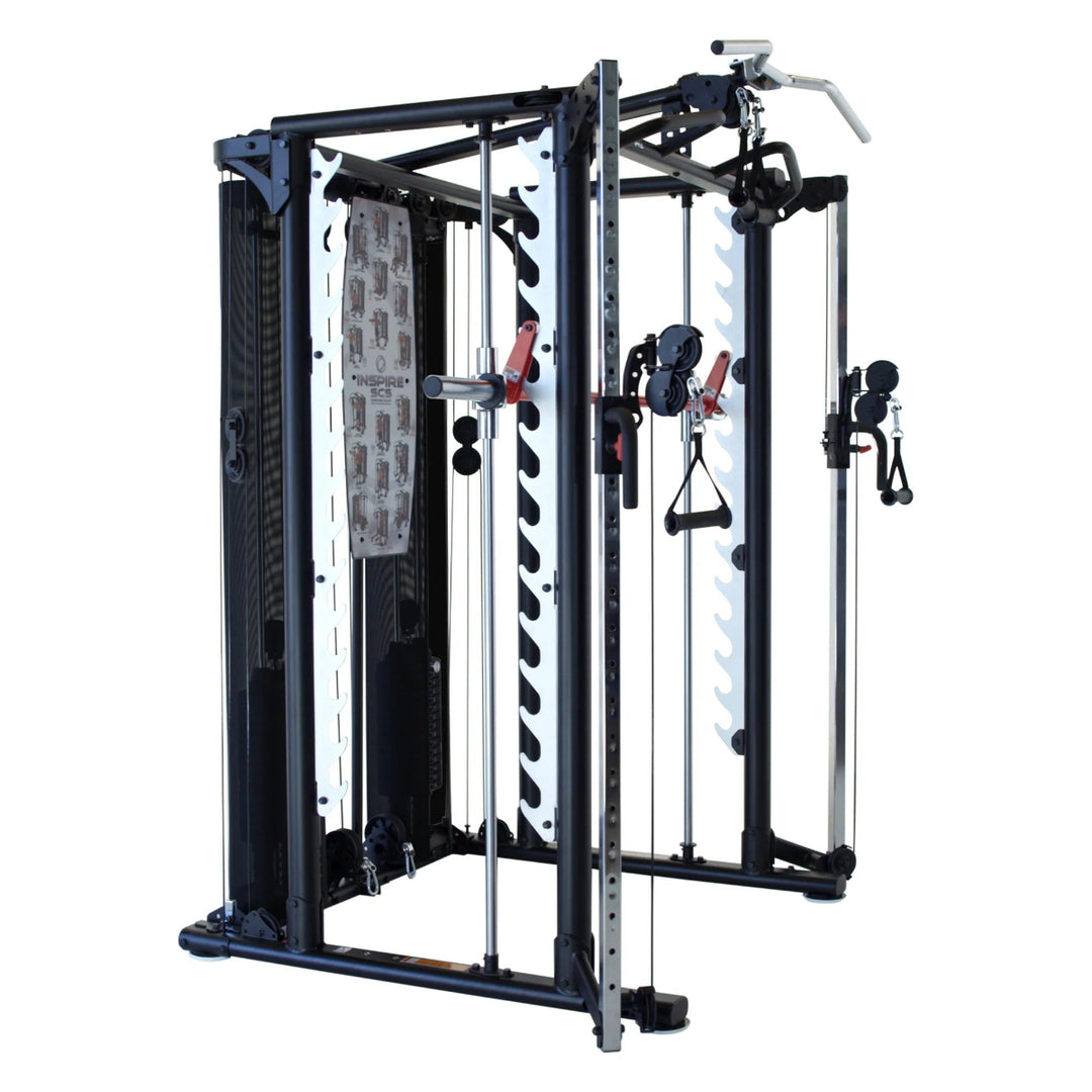 Gym machine with various attachments on a white background