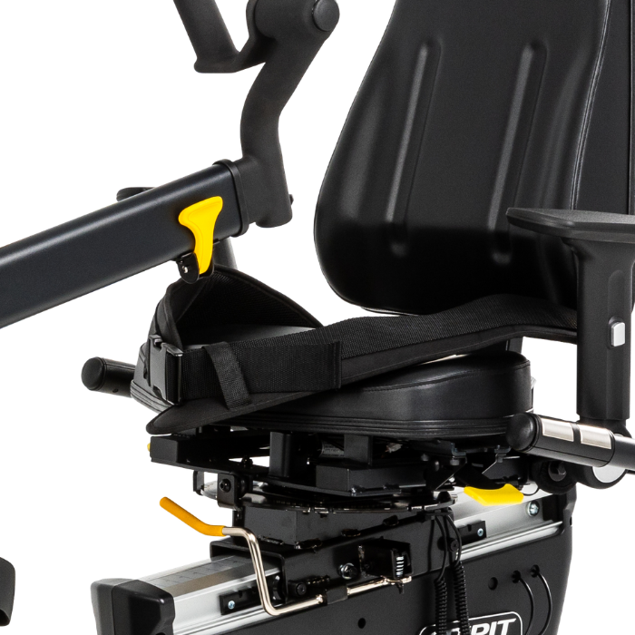 Close-up of a black motorized wheelchair seat and backrest with yellow adjustment accents, shown on a white background.