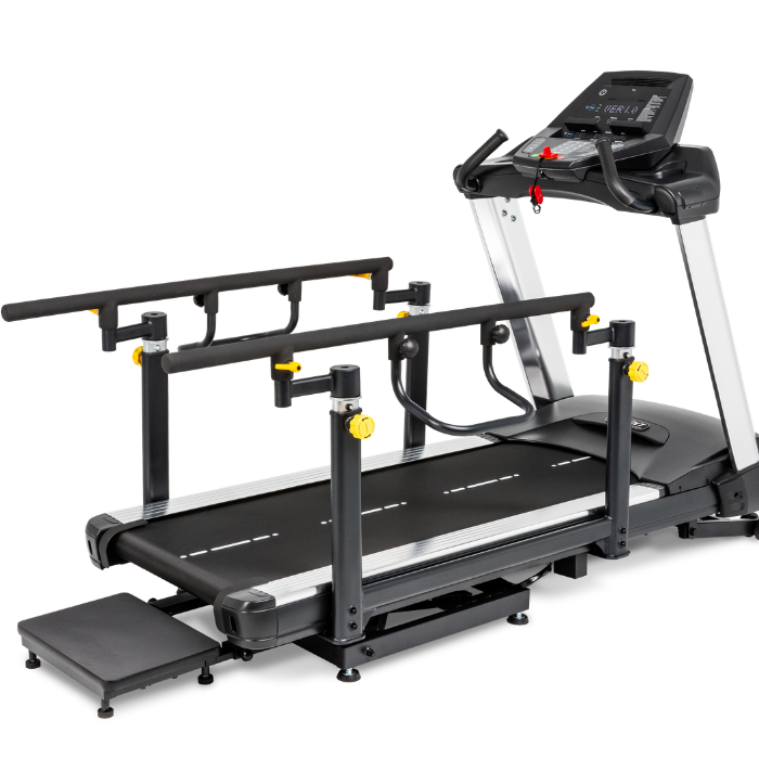 A black and silver treadmill with an attached rear exercise frame and dual parallel pull-up bars, shown on a solid white background.