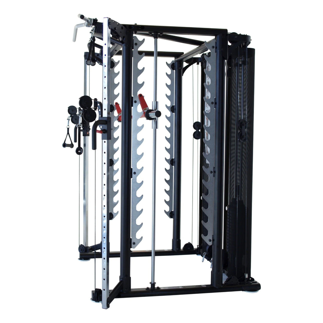 Gym equipment rack with various attachments on a white background