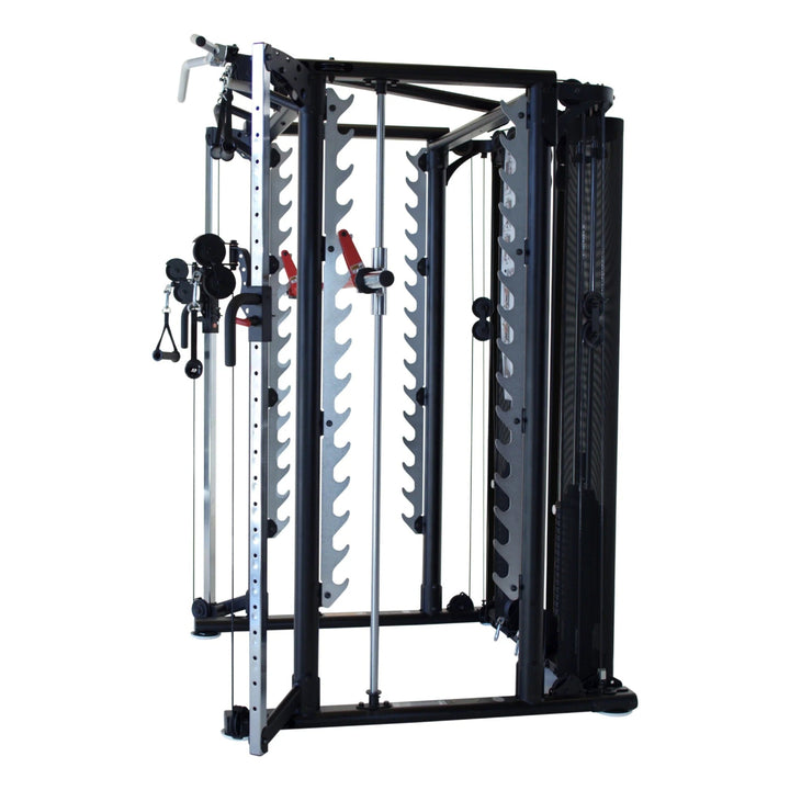Gym equipment rack with various attachments on a white background
