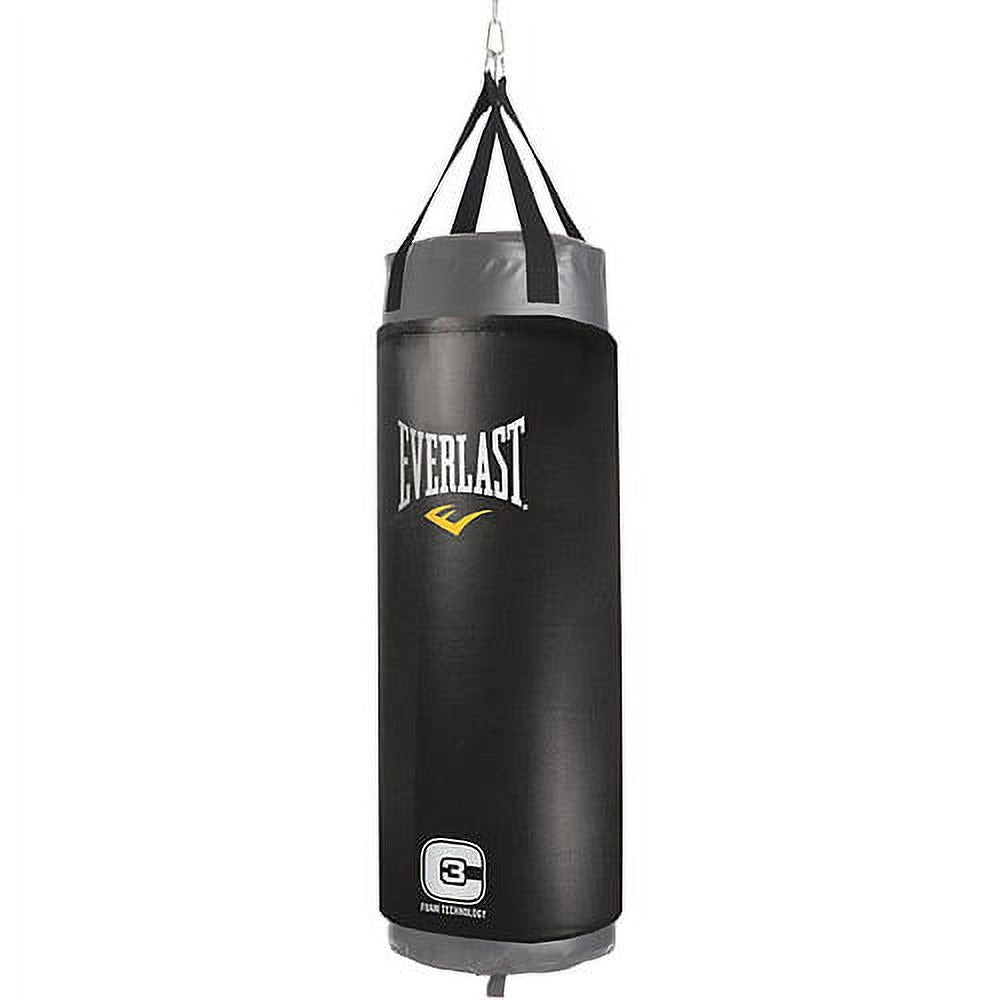 Everlast 8-foot heavy punching bag in black with a gray top and bottom, featuring the white and yellow Everlast logo on the front, suspended by black straps against a white background.