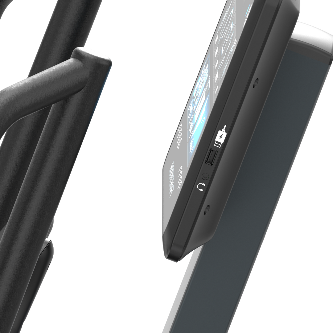 Close-up of a black electronic device with ports on a white background