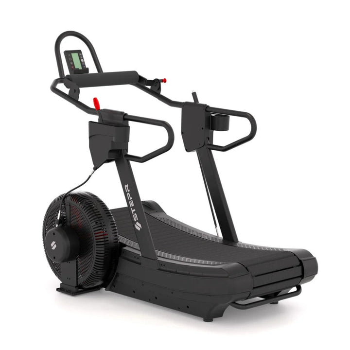 Black treadmill with visible brand logo on a white background