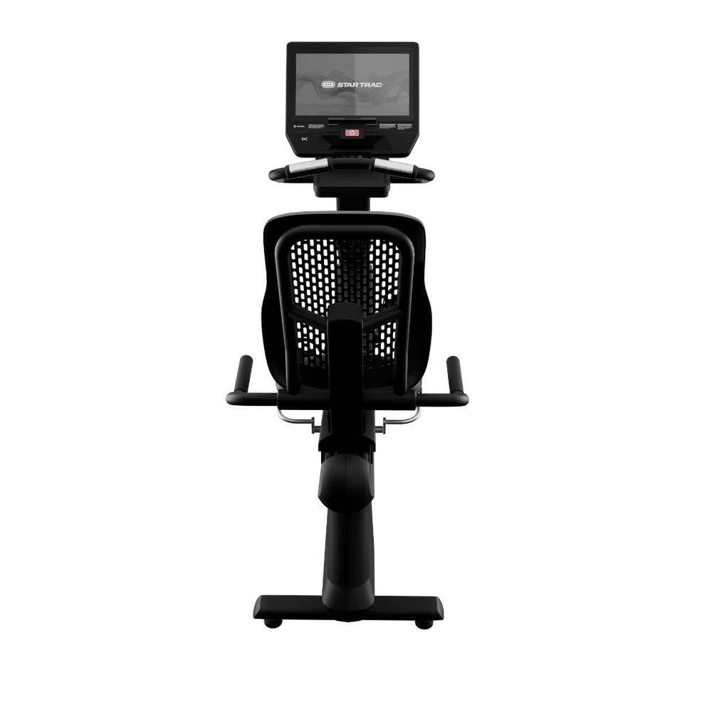 Black exercise bike with a digital display on a white background