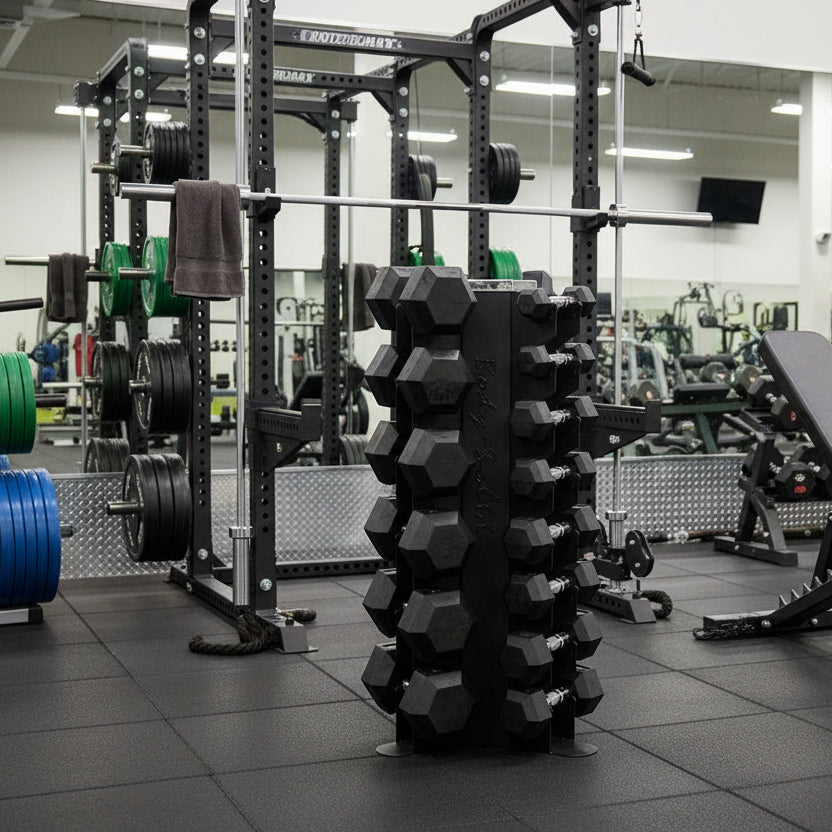 Set of black hexagonal dumbbells on a white background