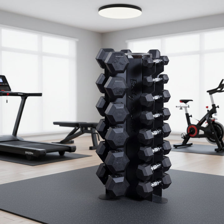 Set of black hexagonal dumbbells on a white background