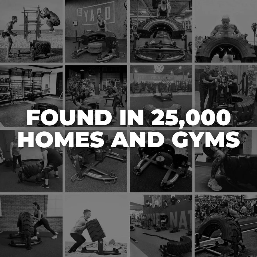 Collage of people working out in various gym settings with text 'Found in 25,000 homes and gyms'.