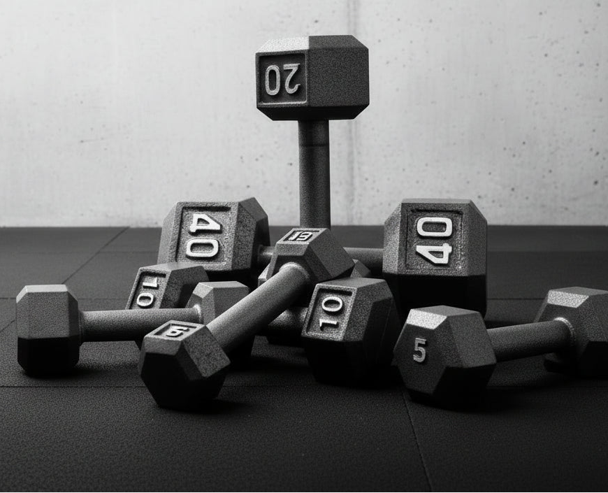 A set of cast iron hex dumbbells in silver-gray, including weights labeled 10, 15, 20, 40, and 50, arranged on a plain white background.
