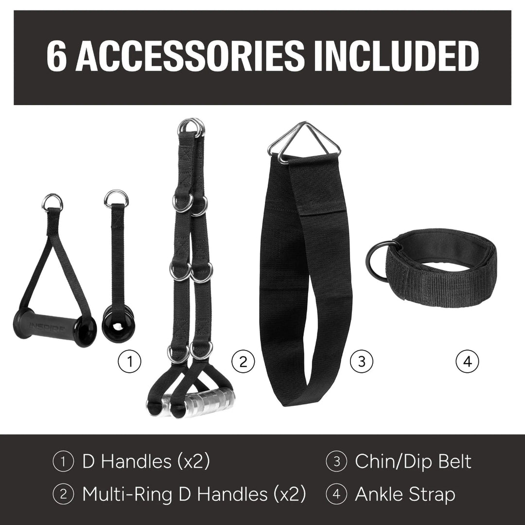 Set of six black fitness accessories with labels on a white background