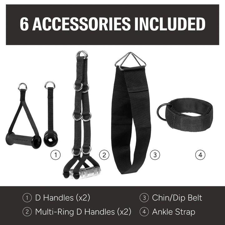 Set of six black fitness accessories with labels on a white background