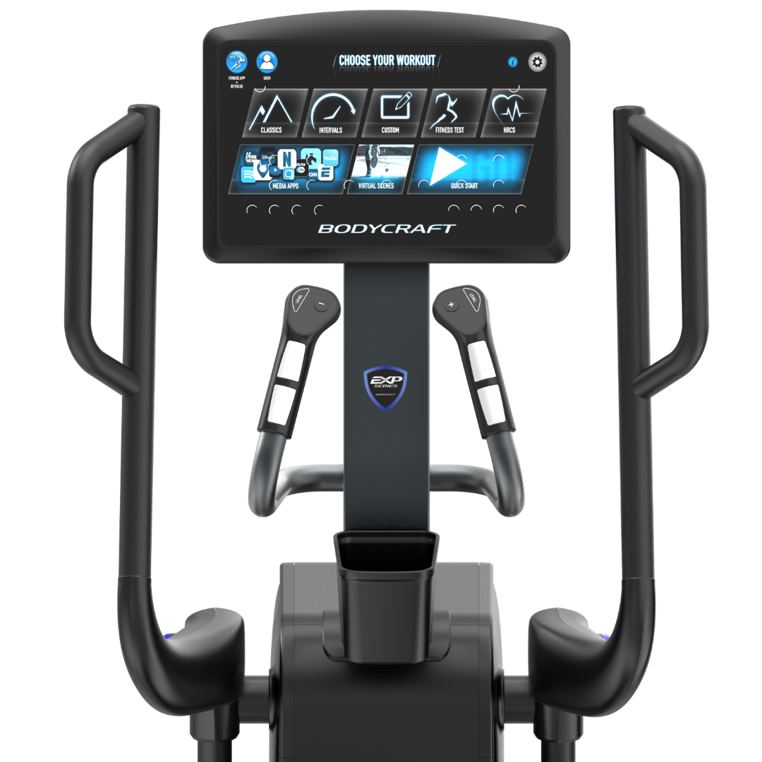 BodyCraft elliptical machine with digital display on a white background