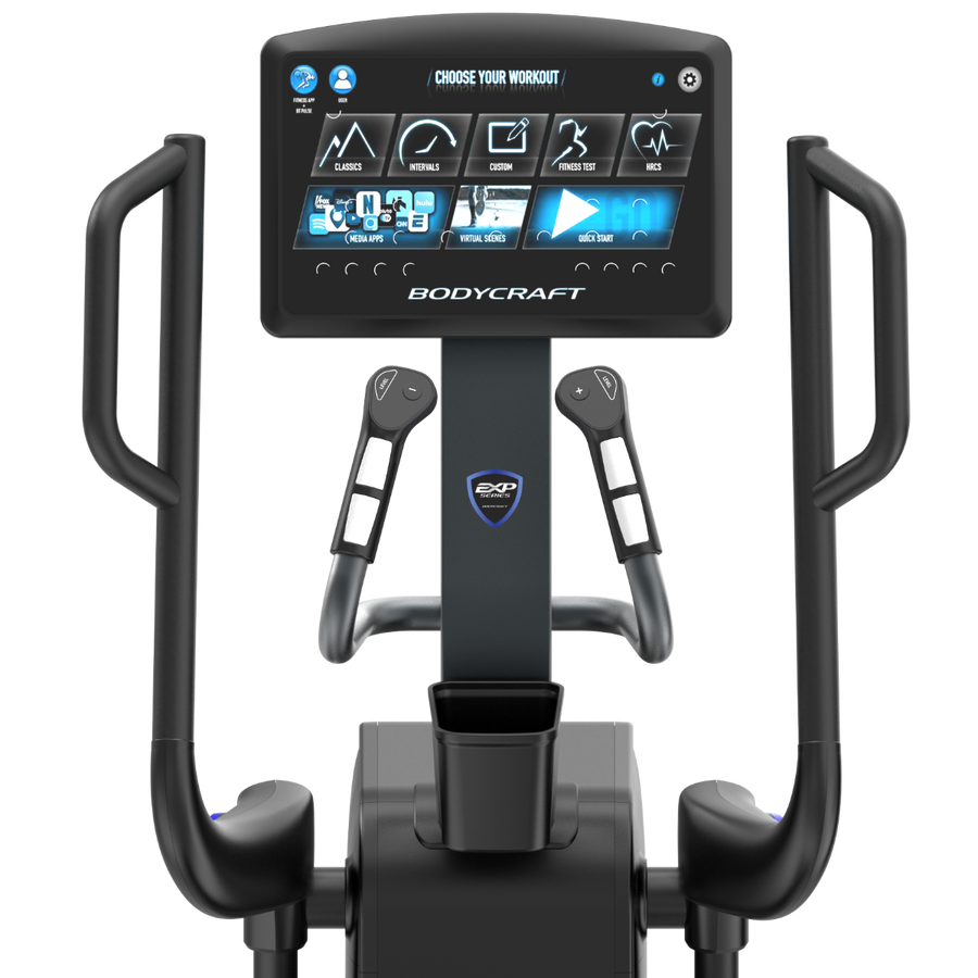 BodyCraft elliptical machine with digital display on a white background