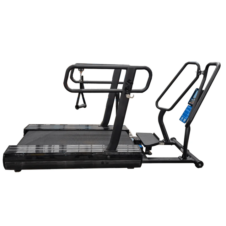 Black treadmill with a walking track on a white background