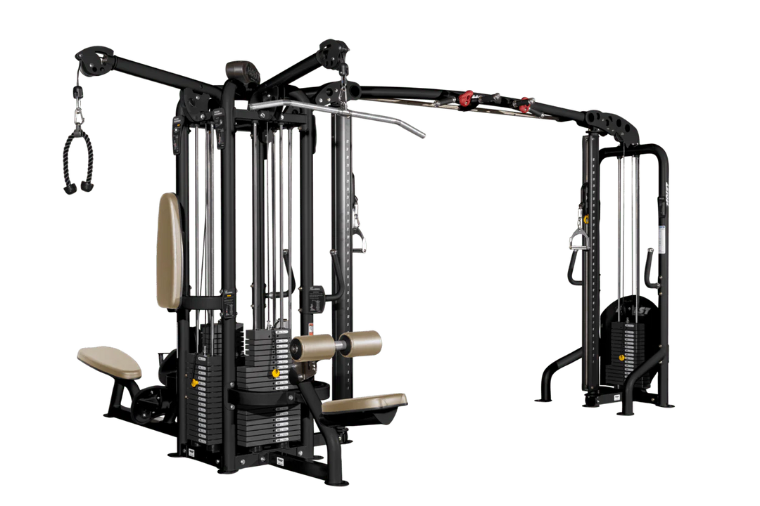 Gym equipment with multiple attachments on a white background