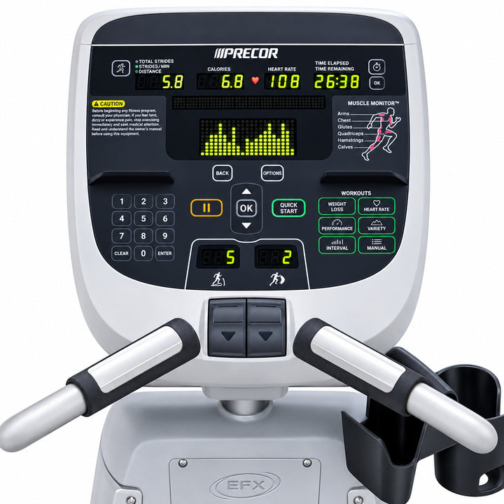 Close-up of a Precor elliptical trainer console and handlebars, showing the digital display screen, control buttons, and gray and black frame components on a white background.