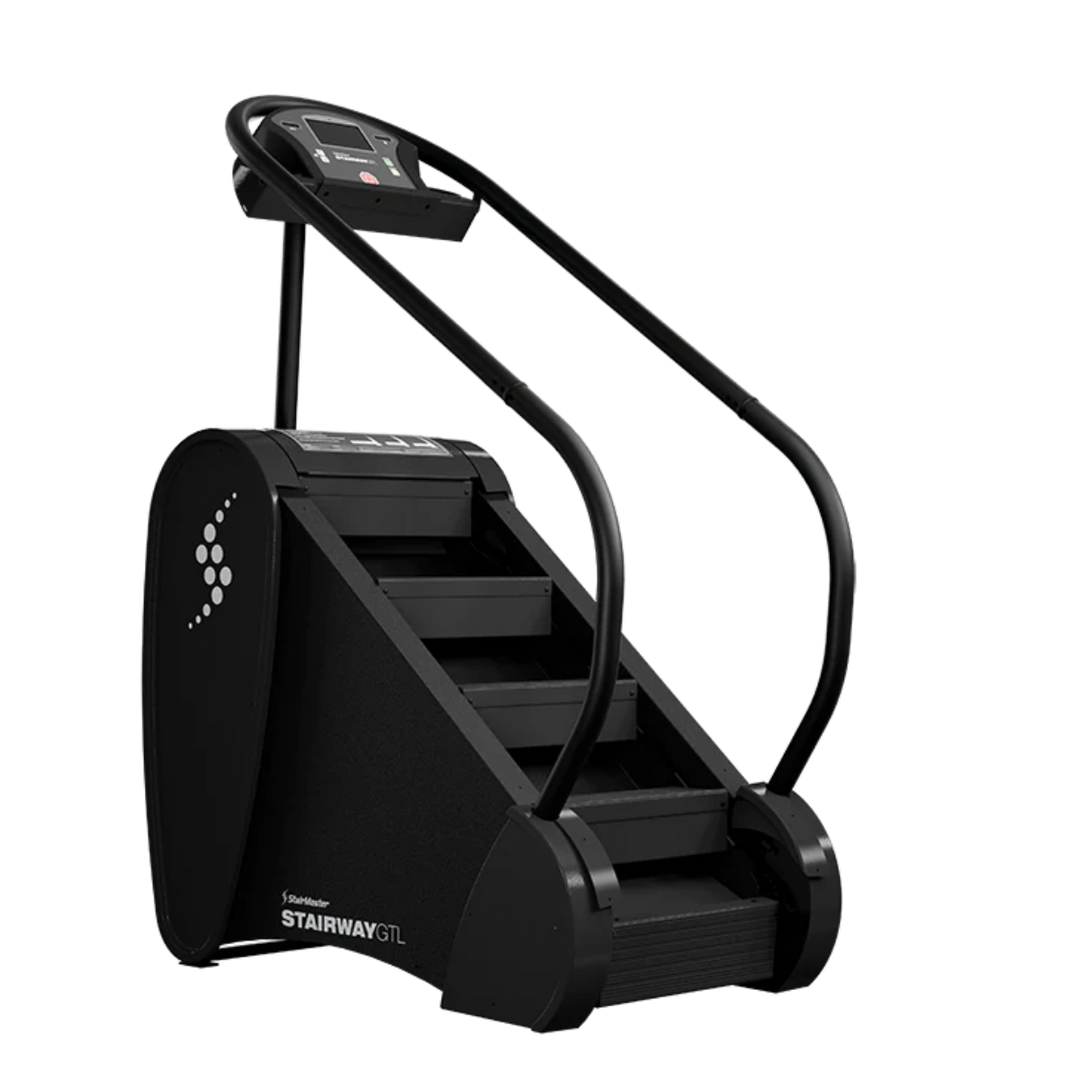 A black stair climber exercise machine with a digital display screen and curved handrails, shown on a solid white background.