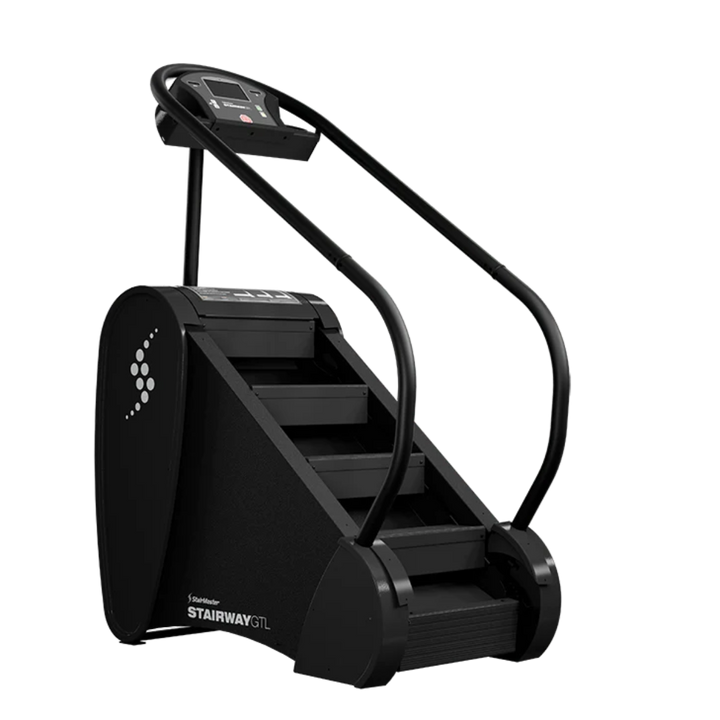 A black stair climber exercise machine with a digital display screen and curved handrails, shown on a solid white background.