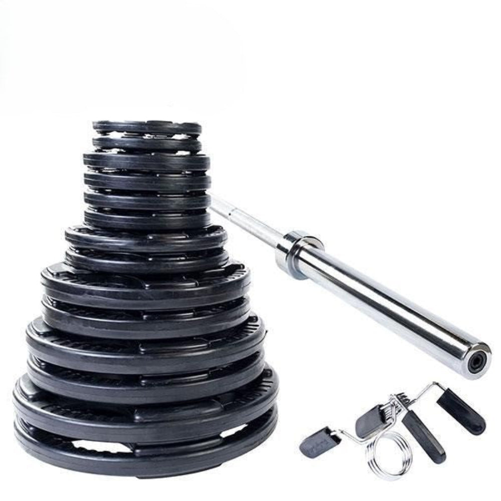 A stack of black weight plates next to a chrome barbell with a collarslide sleeve, shown on a plain white background with a small set of keys and handles.